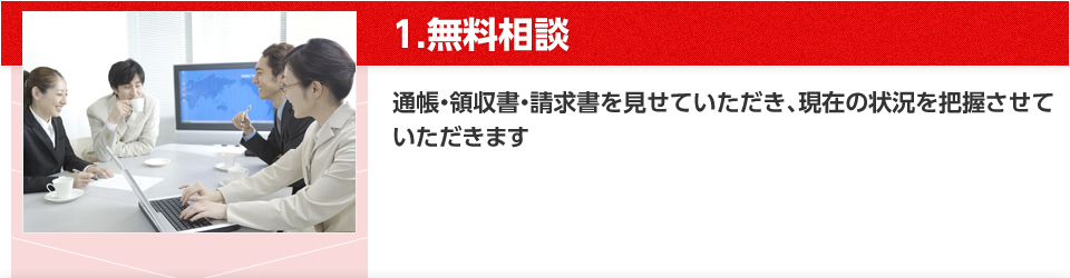 1.無料相談 通帳・領収書・請求書を見せていただき、現在の状況を把握させていただきます